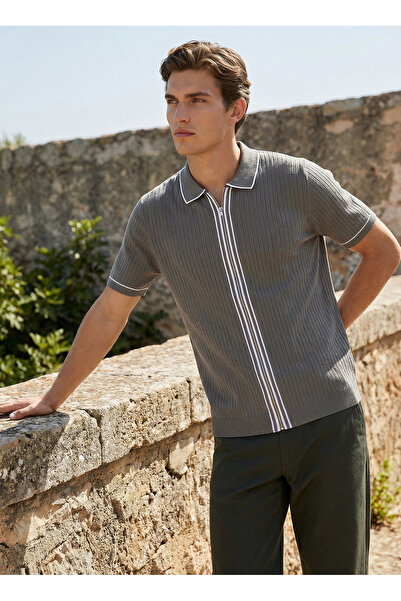Fabrika Gri Erkek Fermuarlı Slim Fit Fitilli Hırka F6SM-HRK 2556