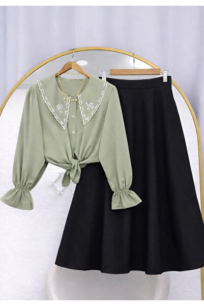 MODA VEDAT Γυναικείο πουκάμισο με κέντημα στο γιακά - Σετ με φούστα Puff Scub...