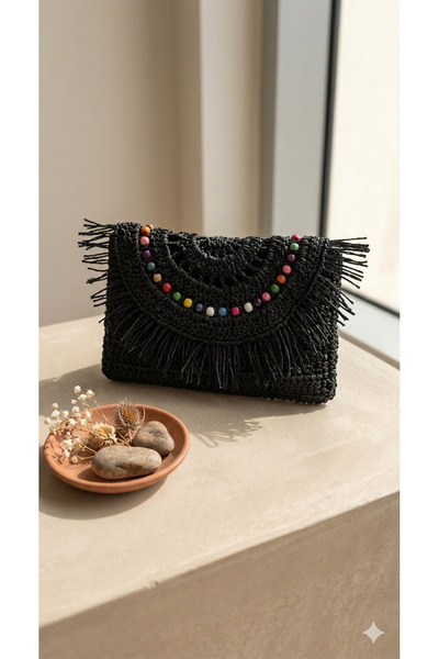 Ahşap Evi Kağıt İp Portföy Çanta Hasır El Çantası Portföy, Clutch Çanta