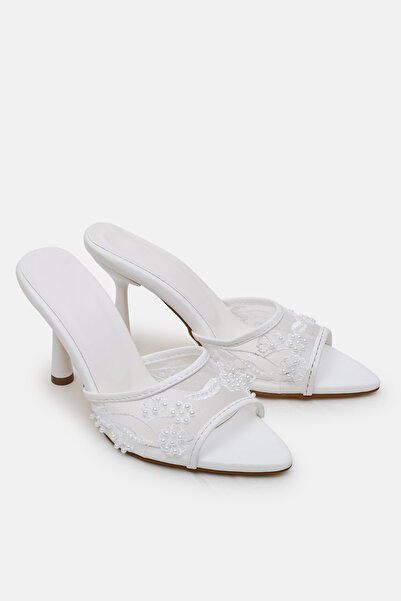Cochines Λεπτομερή γυναικεία παπούτσια με λευκή δαντέλα και χάντρες, παντόφλε...