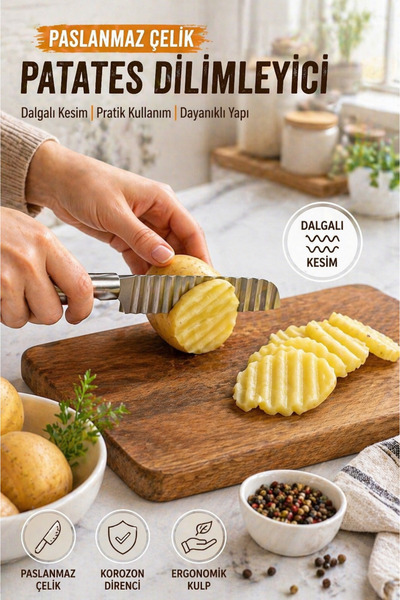 SYN AKSESUAR Paslanmaz Çelik Dalgalı Patates Dilimleyici Bıçak – Tırtıklı Kes...