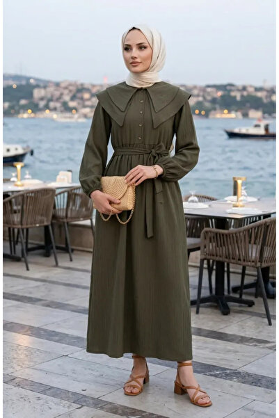 sefamerve Βρεφικό φόρεμα με γιακά και ζώνη 2252-02 Χακί