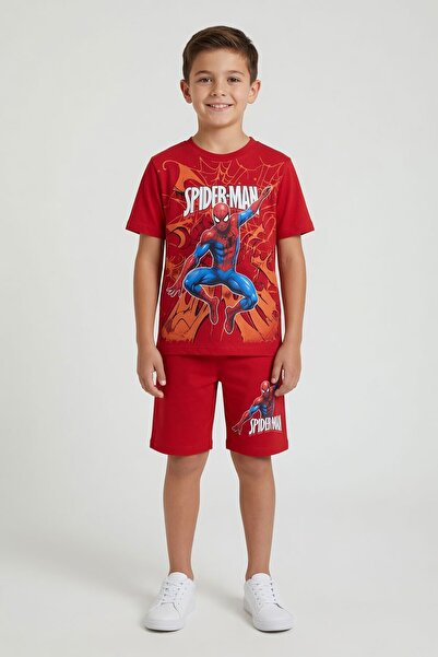 Cansın Mini Red Spider-Man Printed T-Shirt and Boy's Shorts Set 23944