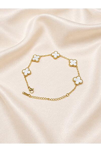 SERENİTY BİJUTERİ Çelik Beyaz Taşlı Gold Yonca Bileklik 17+6 cm Çift Taraflı