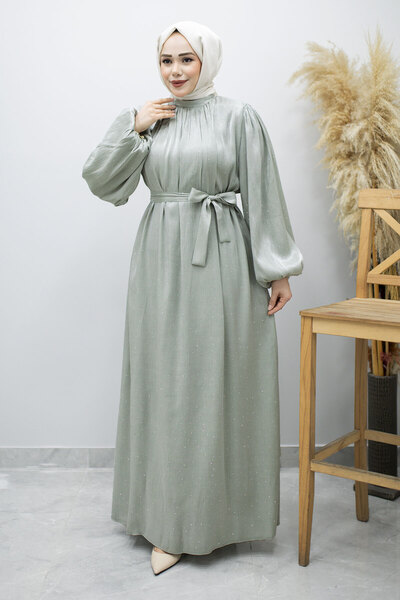 Tesettür Dünyası Βραδινό φόρεμα με μανίκια μπαλόνι και πέτρινη λεπτομέρεια TS...