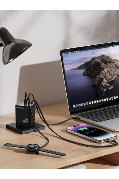 65W GaN Makaralı Type-C Kablolu ve Çift Portlu (Type-C + USB-A) Hızlı Iphone ve Android Uyumlu Şarj Aleti
