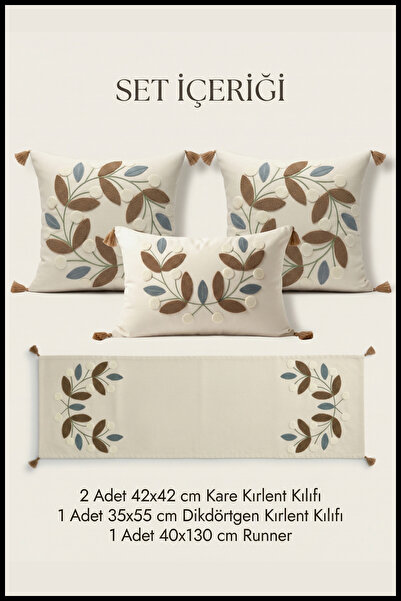 cottoncloth Papatya Punch Nakışlı Papatya Desenli Kırlent Runner Seti 2 Kare ...