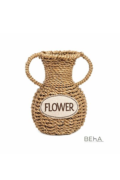 BehaHome El Yapımı Rattan Hasır Dekoratif Vazo 18 cm | El Örgüsü Doğal Çiçekl...