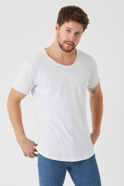 Tarz Cool Men's Shiny White Oval Hem Wide Collar 100% Cotton Short Sleeve T-S...