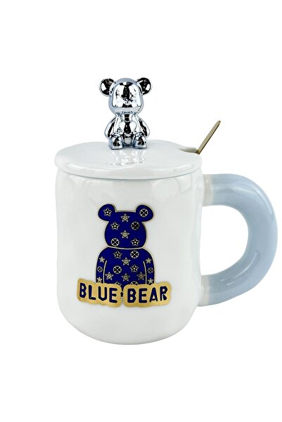 OEM Λευκή κεραμική κούπα με κουτάλι και καπάκι  "Μπλε αρκούδα "