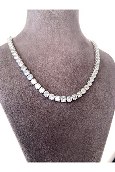 MİLYEM jewelry Kadın Suyolu Kolye Gümüş Renk Kristal Taşlı Lüks Tasarım