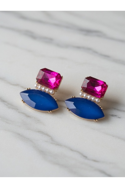 mia atelier Fuşya Pembe & Koyu Mavi İncili Taşlı Prizma Gold Küpe