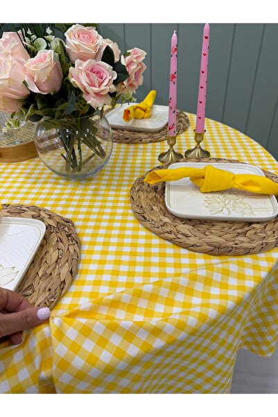 Decamor home مفرش طاولة دائري من قماش الكتان باللون الأصفر