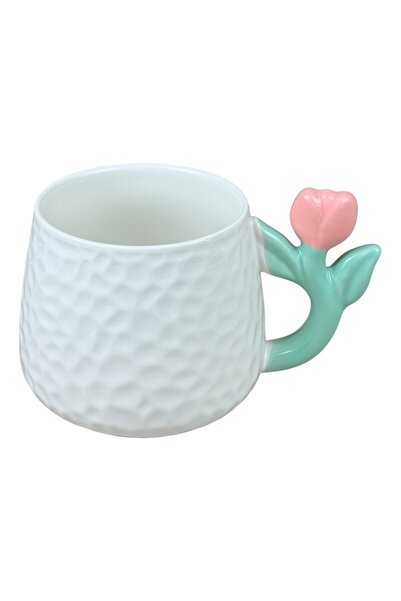OEM Λευκή κεραμική κούπα με ροζ λαβή σε σχήμα τουλίπας, 380 ml