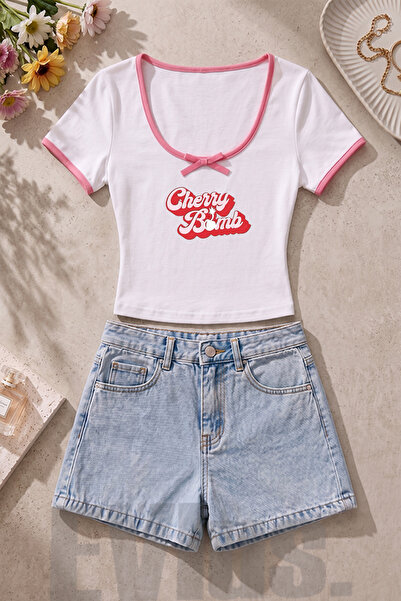 EVIus Γυναικείο μπλουζάκι με στάμπα Cherry Bomb, λεπτομερής κορδέλα, λαιμόκοψ...