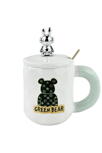 OEM Λευκή κεραμική κούπα με κουτάλι και καπάκι  "Πράσινη αρκούδα "