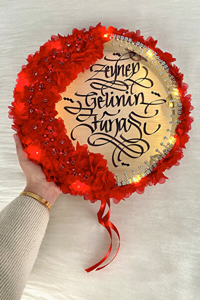 ZEYMERADE Kırmızı Ledli Gelin Tefi 32cm, Lüx Aplik Çiçek Ve Parlak Taş Süslem...