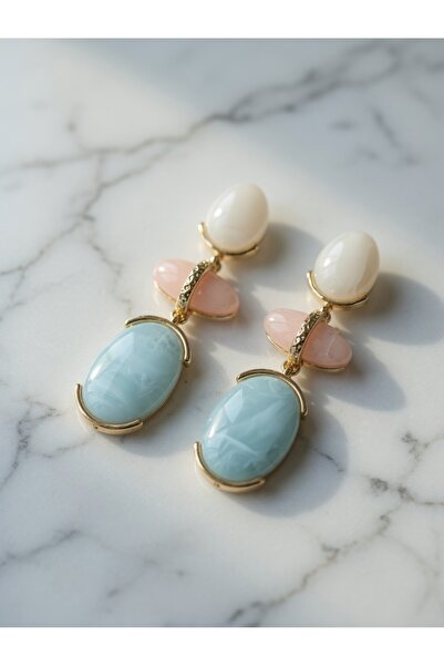 mia atelier Aquamarine & Pudra Pembe Taşlı İki Katmanlı Gold Küpe