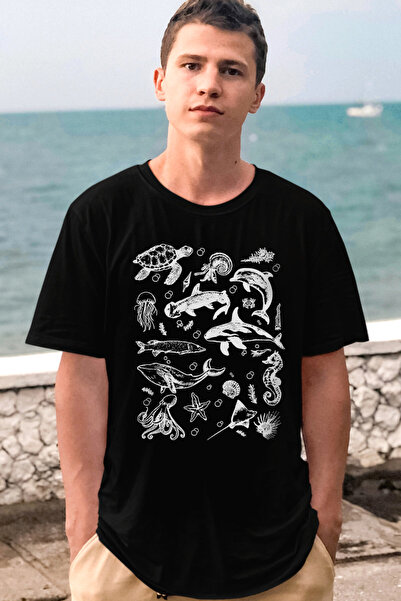 ROCKANDROLL Tricou negru cu mânecă scurtă pentru bărbați Sea Life