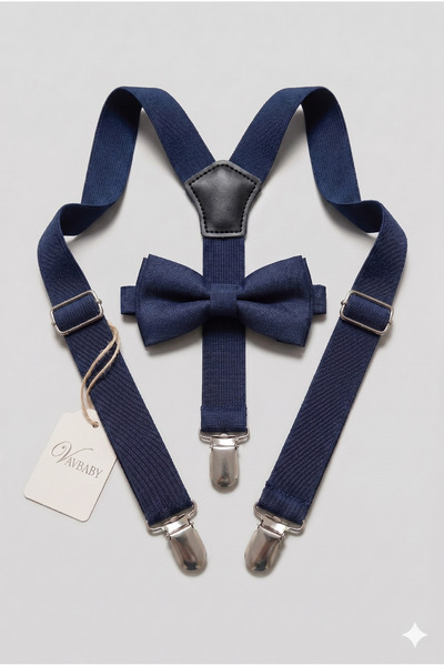 VaVbaby Boy's Adjustable Trouser Suspenders and Bow Tie Set - Navy Blue