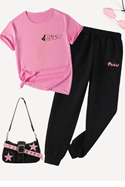 LAVİTTA Meow Printed Sweatpants and T-Shirt - Jogger T-Shirt Bottom Top Sweat...