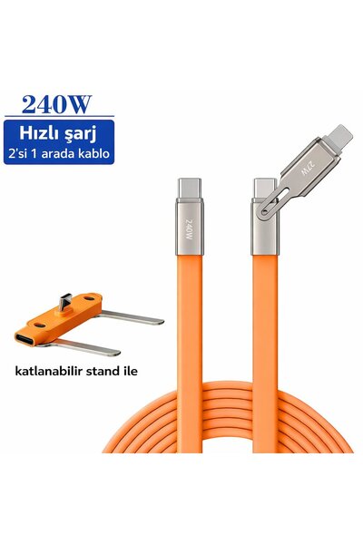 Online Home Market 240W 2’si 1 Arada Type-C Hızlı Şarj Kablosu Katlanabilir S...