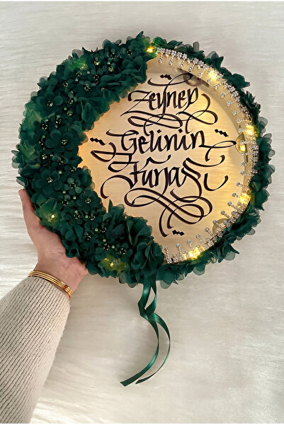 ZEYMERADE Zümrüt Yeşili Ledli Gelin Tefi 32cm, Lüx Aplik Çiçek Ve Parlak Taş ...
