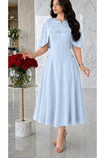 Mar style Midi Dress with Delicate Embroidery and Luxurious Short Cape