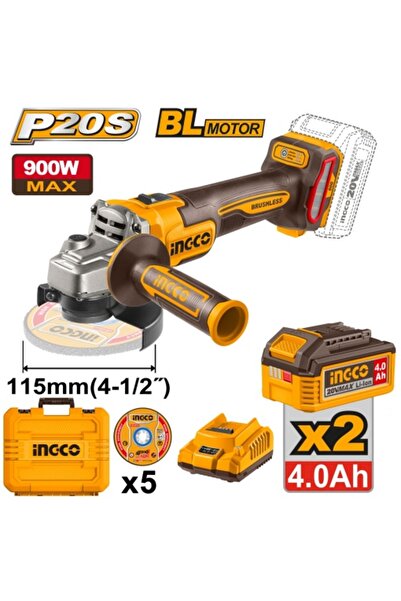 Ingco Γωνιακός τροχός χωρίς ψήκτρες 20 V 115 mm με 2 μπαταρίες