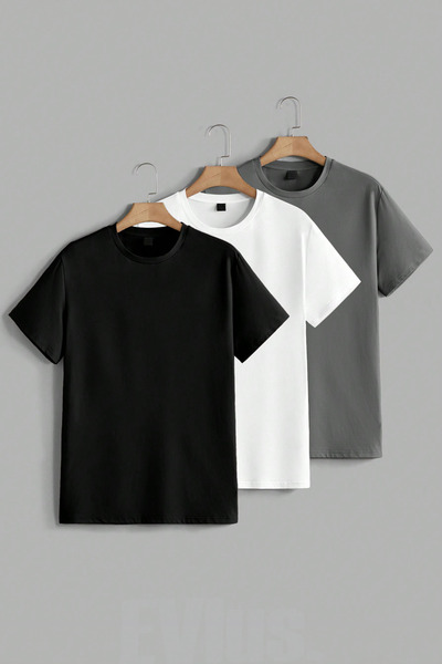 EVIus Σετ 3 τεμαχίων Oversize Basic T-Shirt από 100% βαμβάκι με λαιμόκοψη ποδ...