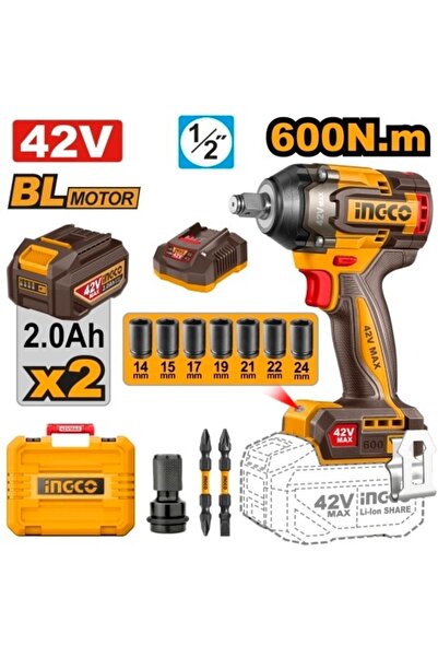 Ingco Κρουστικό Κλειδί 42 V 600 Nm με 2 Μπαταρίες CIWLI 42602