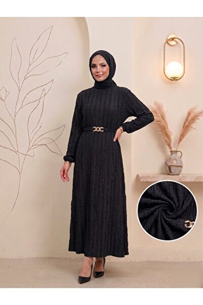 ECEYLÜL MODA Γυναικείο μαύρο φόρεμα με διπλό βολάν, ελαστικό ύφασμα με υφή, χ...