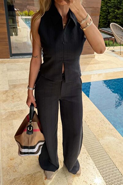 MyLoore Γυναικείο μαύρο σετ με φερμουάρ, λεπτομερές αμάνικο μπλουζάκι και παν...