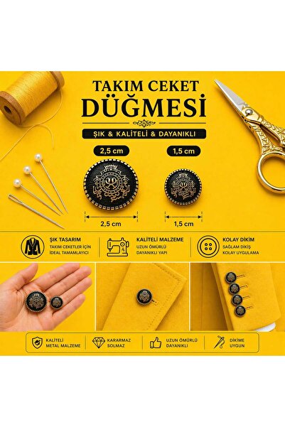 İMREN AKSESUAR Düğme Siyah Mineli Metal Blazer Ceket Düğmesi Takım 3 Adet Büy...