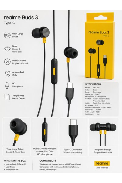 realme Buds 3 Type-C Wired Earphones with Deep Bass & Mic for Calls & Music