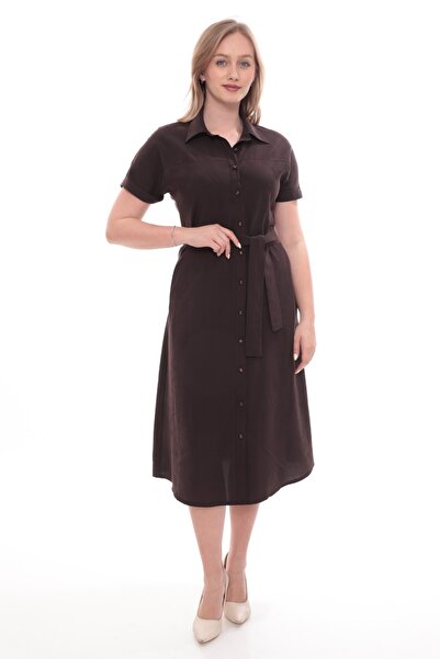 etselements Φόρεμα πουκάμισο με ζώνη και κουμπιά, καφέ μίντι