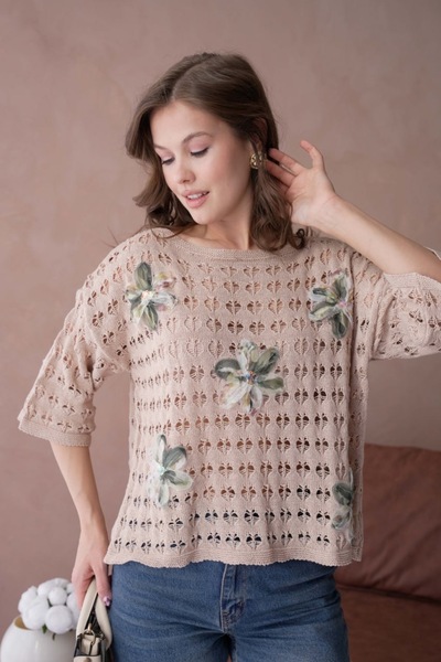 Arbucky Women's Boat Neck Openwork Floral Detailed Knitwear Blouse