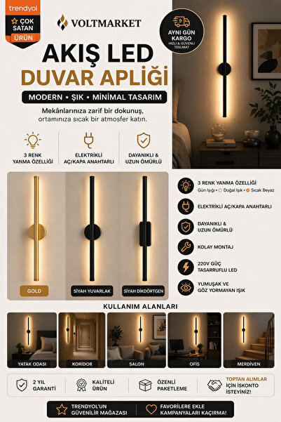 VOLTMARKET Akış LED Duvar Apliği Modern Minimal Tasarım 3 Renk Yanma Özellikl...