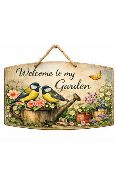 creative sign Καλώς ήρθατε στη διακοσμητική πιατέλα του κήπου μου.