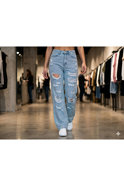 chicmodda Full taşlı yırtıklı şık görünüm rahat kesim pantolon