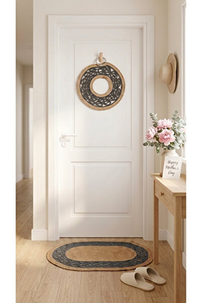 HomeTurko Διακοσμητικό ψάθινο σετ χαλάκι πόρτας με στεφάνι, χειροποίητο από γ...