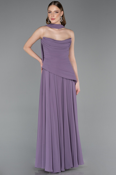 Abiyefon Lila Straplez Peplum Kesim Uzun Şifon Abiye Elbise ABU5763