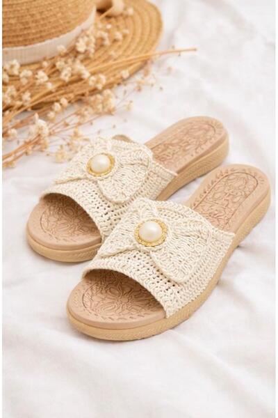 PAPUCUMUN DÜNYASI Ψάθινες πλεκτές γυναικείες παντόφλες, παντόφλες για το σπίτ...