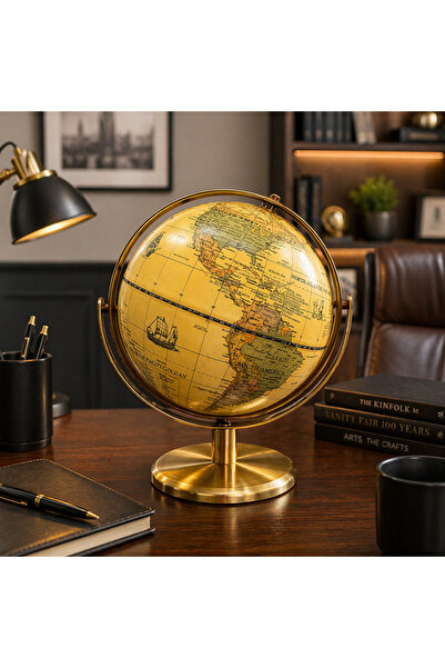 hediyeconcepti Masa Üstü Dönen Dünya Küre Dekoratif Ofis Aksesuarı Gold Taban...