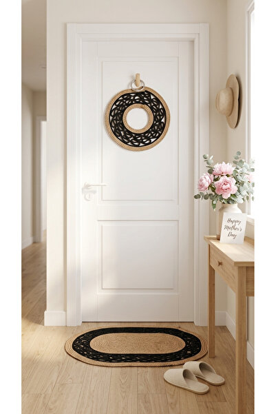 HomeTurko Διακοσμητικό ψάθινο σετ χαλάκι πόρτας με στεφάνι, χειροποίητο από γ...