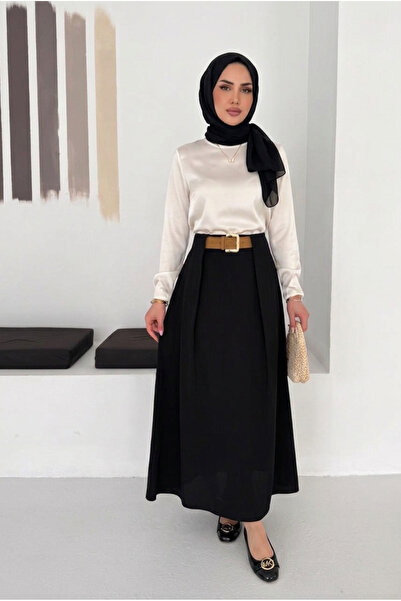 MAİMODA Modest Belted Pleated Maxi Woven Skirt