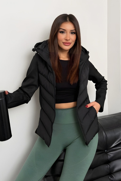 Potenza Γυναικείο μαύρο παλτό με κουκούλα και τσέπες στα μανίκια, κοντό φουσκ...