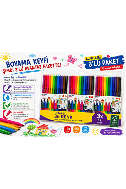 Kids Fırsat ürünü 3 paket 36 adet renkli keçeli kalem Boyama ve Çizim Kalemi ...