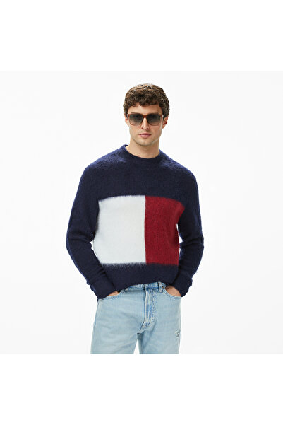 Tommy Hilfiger Alpaca Blend Big Flag Yuvarlak Yaka Erkek Lacivert Yün Karışım...