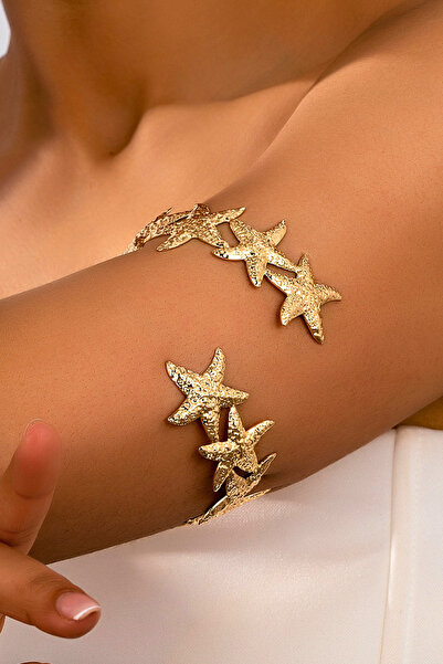 Parantez Aksesuar Metal Starfish Themed Armcuff Women's Gold Pazu Bracelet